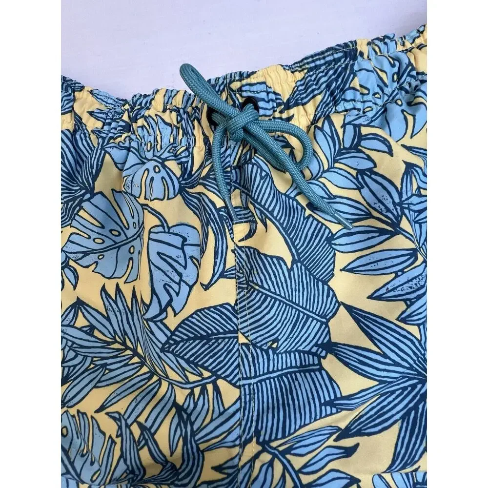 Eddie Bauer Swim Trunks Men's XL Yellow Blue Tropical Beach Pockets Drawstring